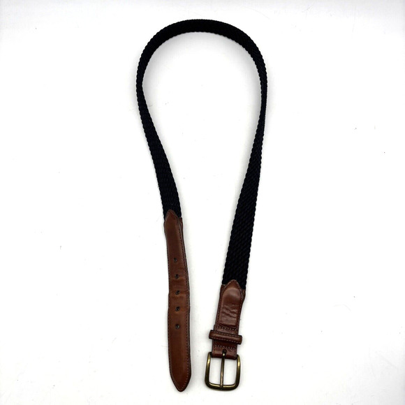 1995 Land's End 37866 Navy Blue Stretch Brown Leather Brass Buckle Belt Men's 38 - Picture 14 of 16